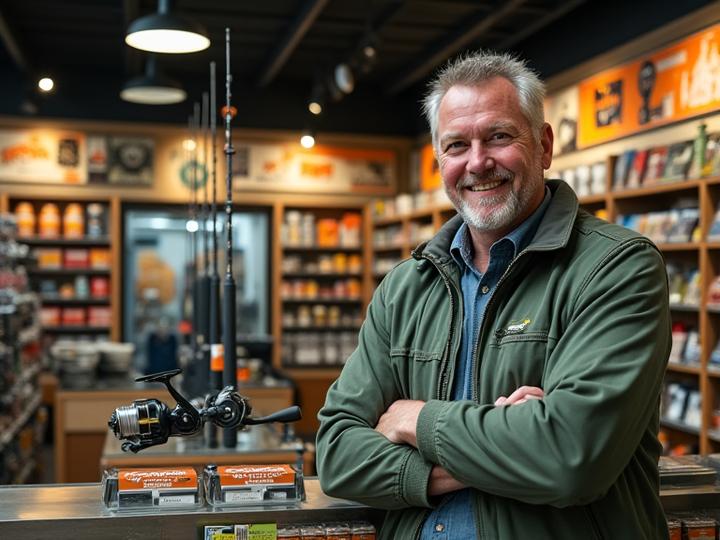 Ein professioneller Angelshop mit modernen AlpenAngler Produktpräsentationen, beleuchtet von warmem Licht, das Professionalität und Erfolg ausstrahlt.