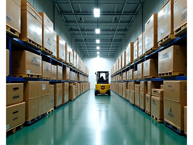 Moderne Logistikhalle mit präzise gelagerten Paletten von Angelgeräten, ein Gabelstapler bewegt Waren. Fokus auf Effizienz und Organisation.