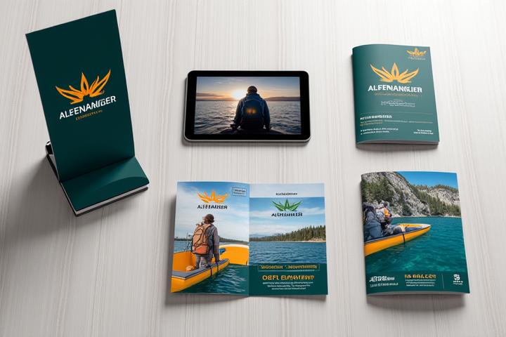 Hochwertige Broschüren, digitale Tablets mit Produktvideos und ansprechende Display-Systeme mit Angelzubehör, auf einem Schreibtisch arrangiert.