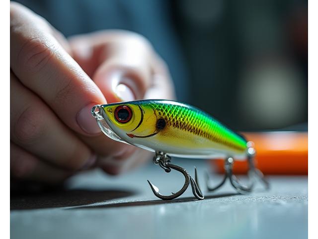 Nahaufnahme einer Anglermarke, die einen hochwertigen handgefertigten Crankbait inspiziert, der das eigene Partnerlogo trägt. Der Hintergrund zeigt eine Werkstattblur.