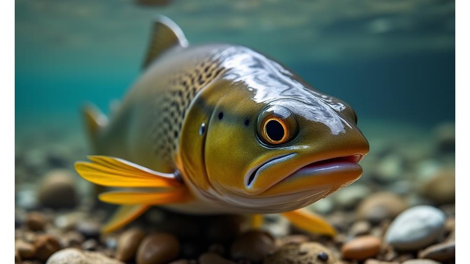 Nahaufnahme einer scheuen Bergforelle in kristallklarem Wasser, die sich an der Wasseroberfläche Futter sucht.