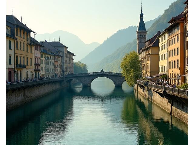 Die Reuss in Luzern, eine urbane Flusslandschaft mit klarem Wasser und historischen Gebäuden am Ufer.
