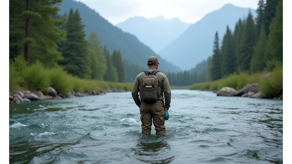Angler, der konzentriert die Strömung eines Gebirgsbaches analysiert, mit Fokus auf Strömungskanten und Ruhezonen.