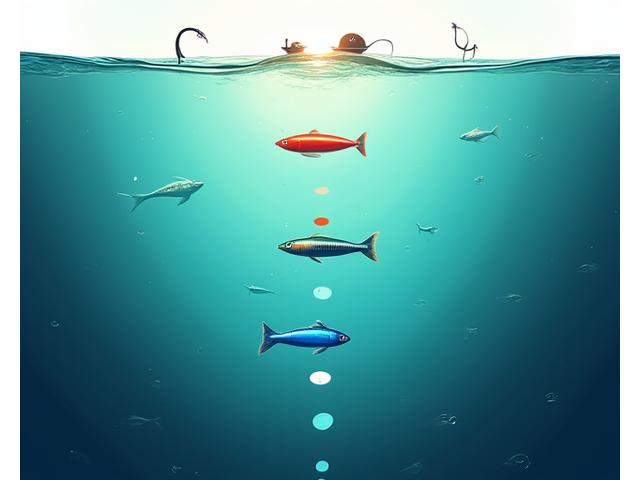 Farbpalette von Angelködern im Wasser, die zeigen, wie Farben mit der Tiefe und Wasser trinken.