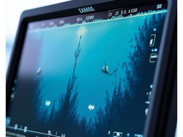 Detailansicht eines modernen Fischfinders mit Side-Scan-Sonar-Display, das Fischsymbole und Unterwasserstrukturen zeigt.