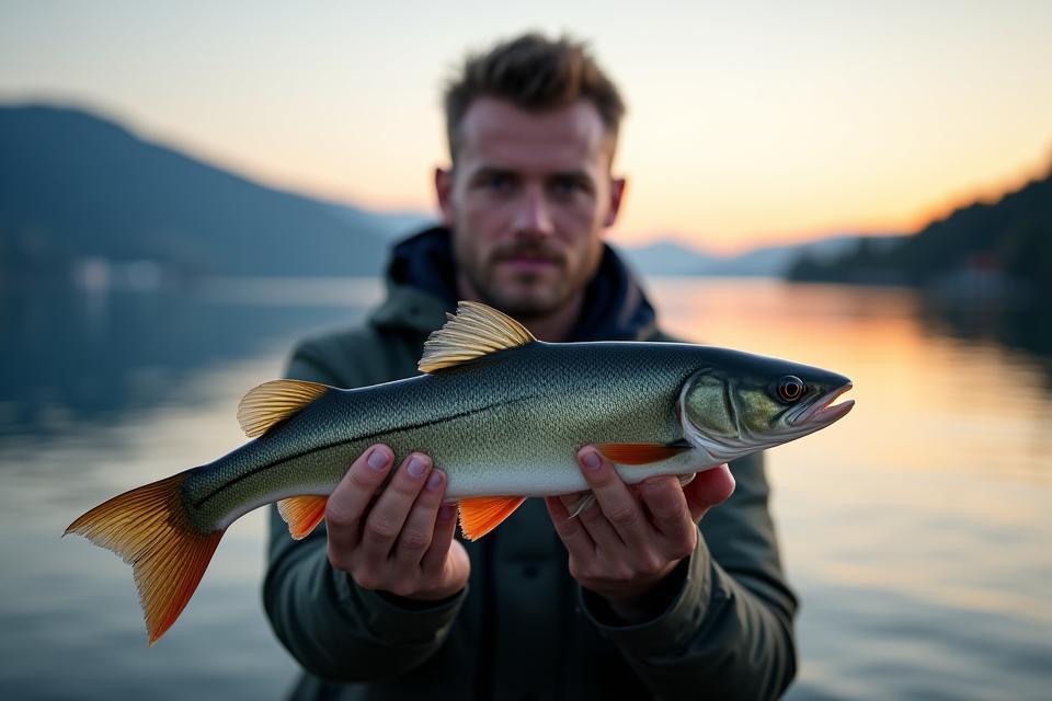 Angler zeigt einen gefangenen Zander am Gewässerufer in der Dämmerung.