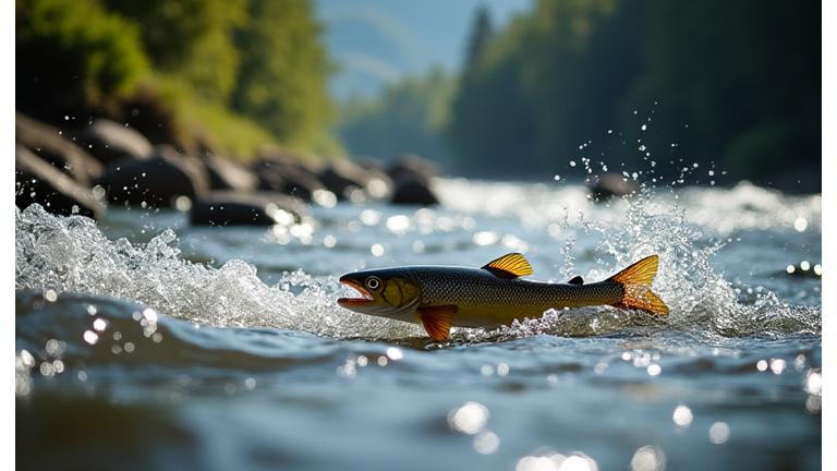 Angler fängt Fisch in einem schnell fliessenden Fluss