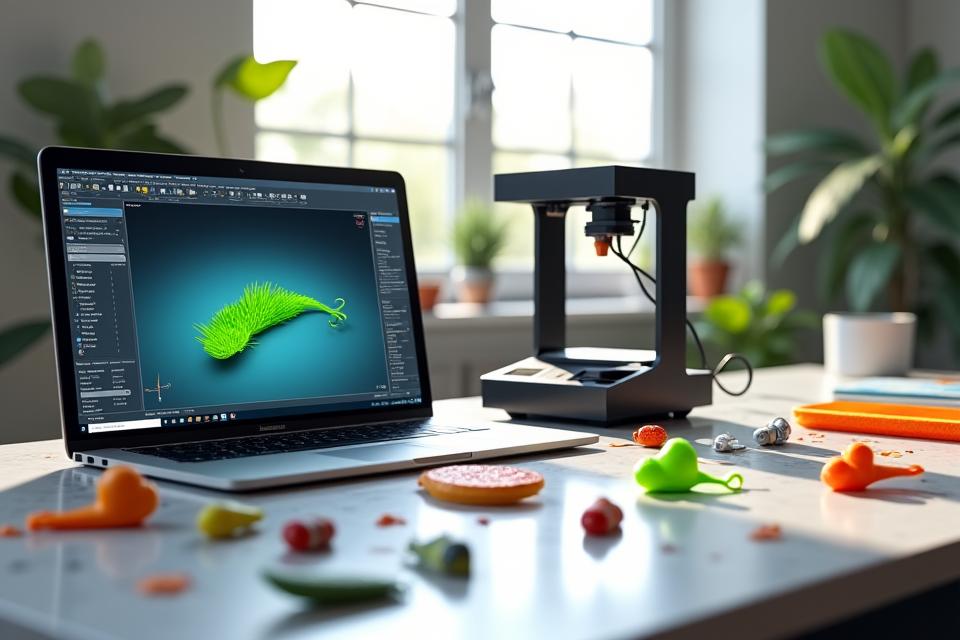 Ein Schreibtisch mit CAD-Software für Köderdesign, 3D-Drucker für Prototypen und verschiedenen Farbmustern, symbolisiert den Individualisierungsprozess von AlpenAngler.