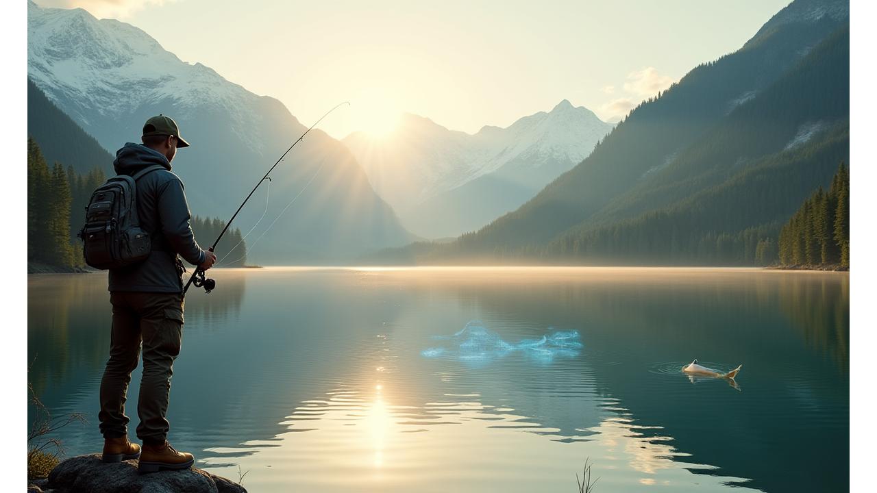 Angler nutzt modernstes Echolot mit Smartphone-Integration in unberührter Schweizer Berglandschaft