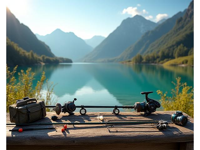 Panoramaansicht von Angelzubehör und einer Angelrute vor Schweizer Alpenkulisse