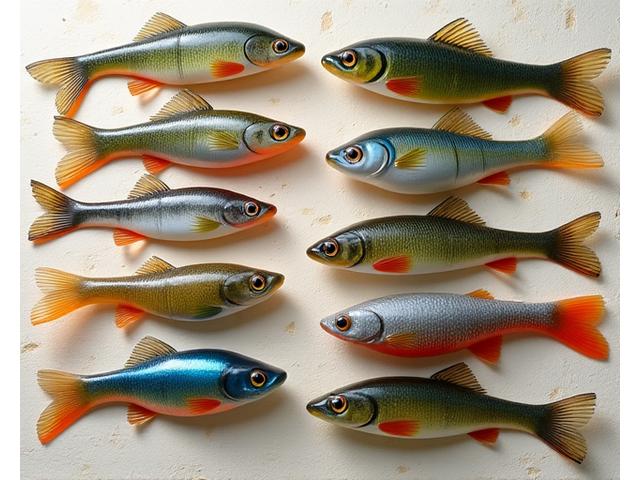 Auswahl realistischer Gummifische in verschiedenen Farben