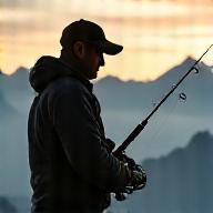 Profi-Angler hält eine hochwertige Spinnruten-Combo in den Schweizer Alpen