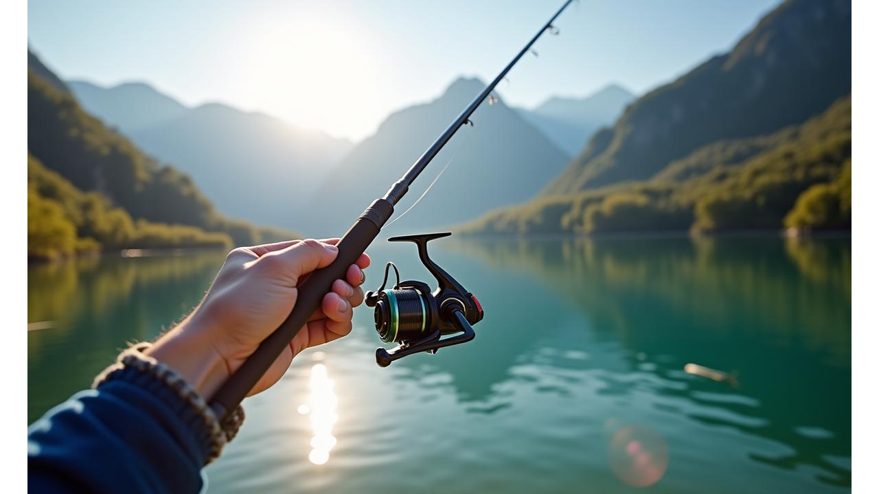 Perfekt balancierte Spinnruten- und Stationärrollen-Kombination am Wasser mit Schweizer Alpen im Hintergrund