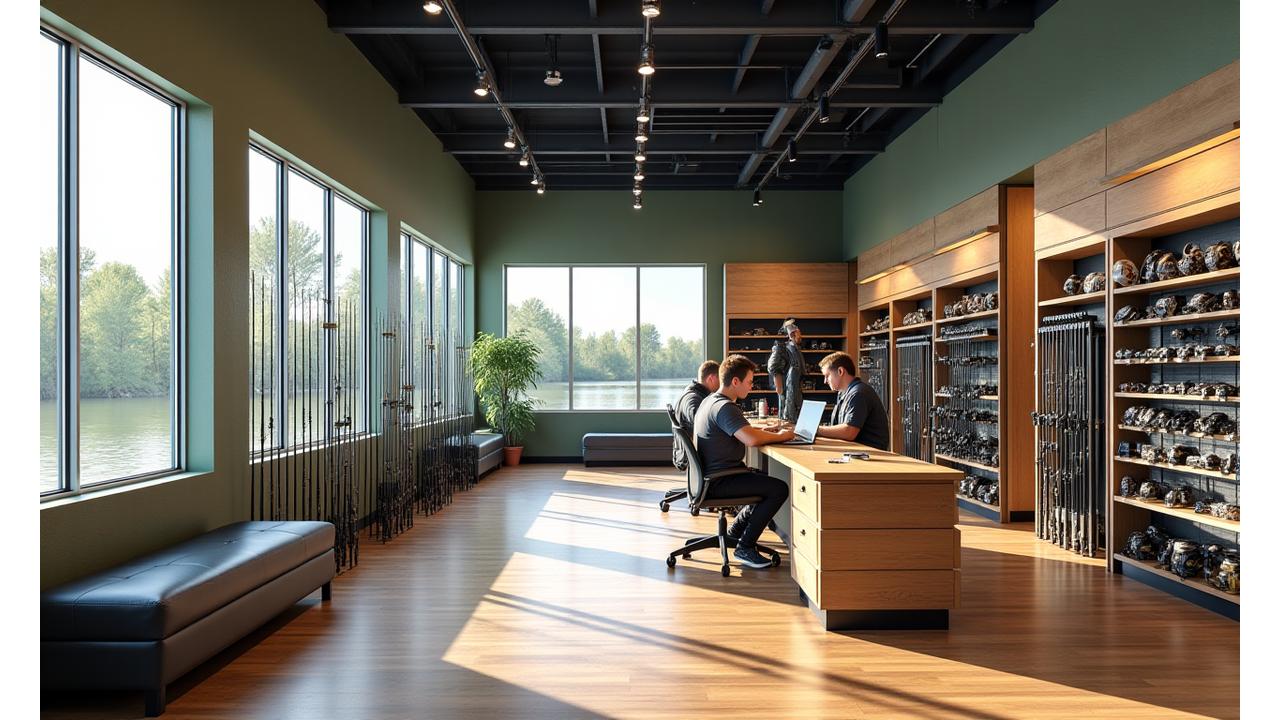 Innenansicht des modernen AlpenAngler Outfitters Geschäfts mit Angelruten-Auslage und Beratungsecke